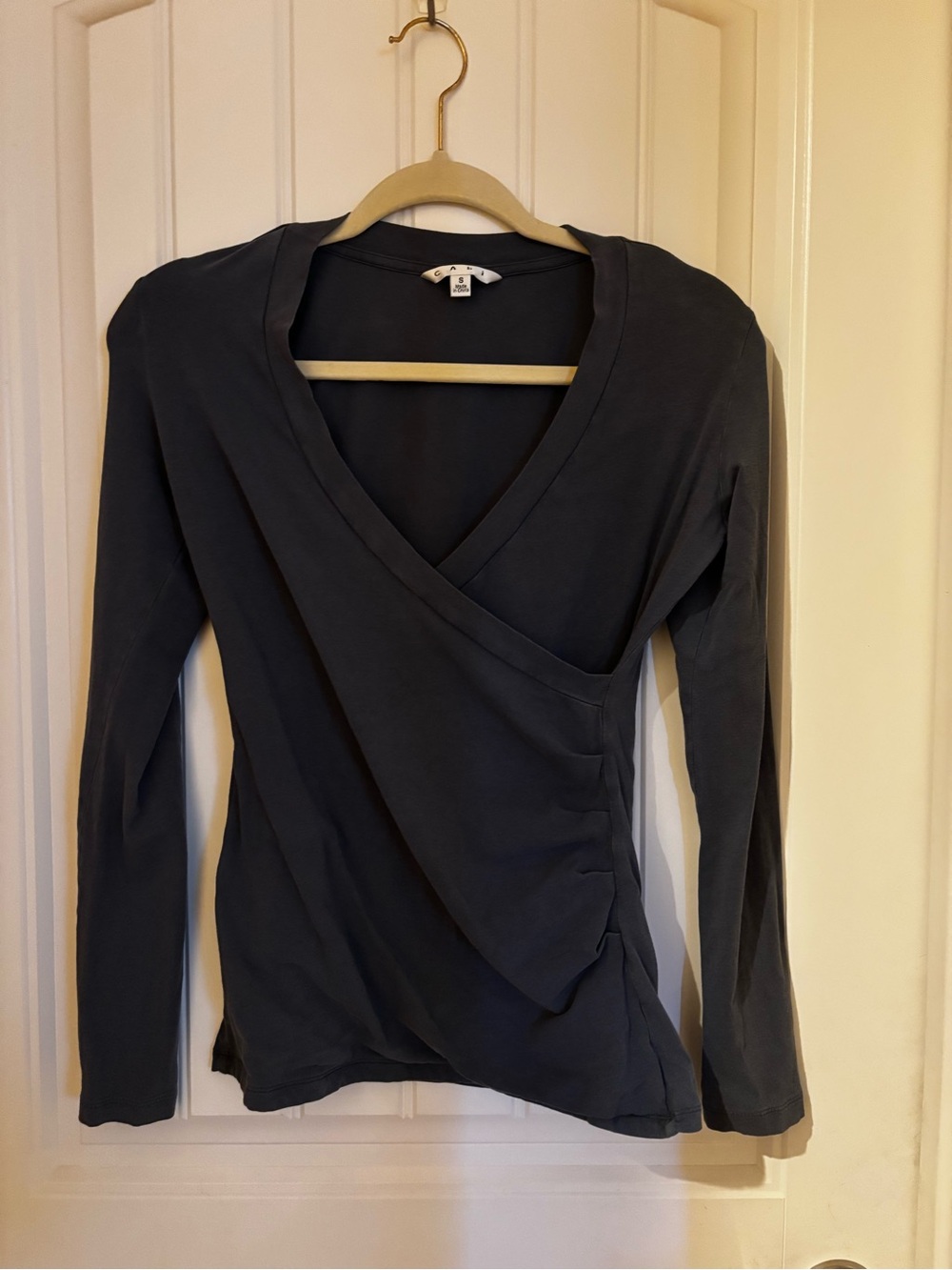 CAbi Women's Long Sleeve Wrap Top in Blue Gray